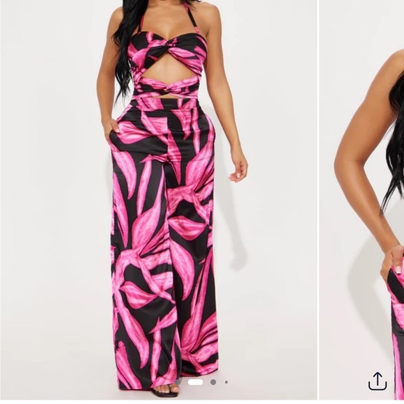 Fashion Nova Pants - Satin Pink and Black Wide Leg Jumpsuit